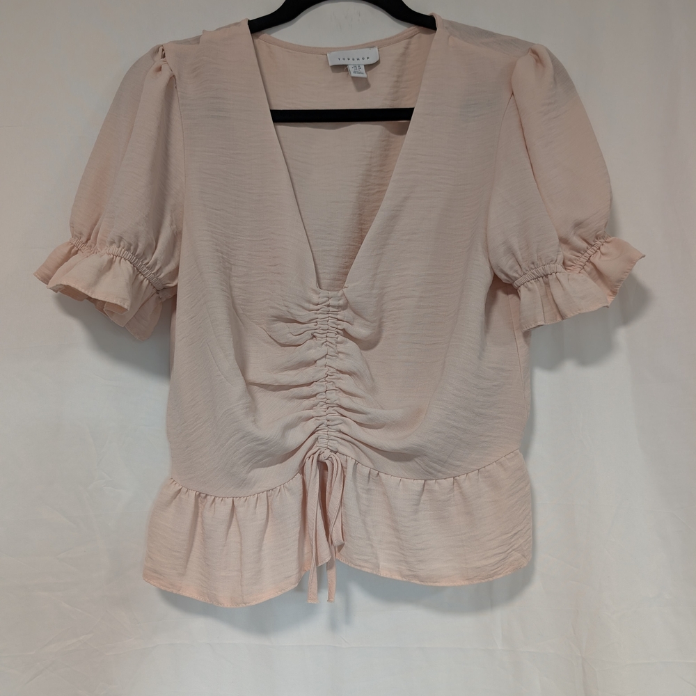 Topshop Pale Pink Ruched V-Neck Puff Sleeve Blouse